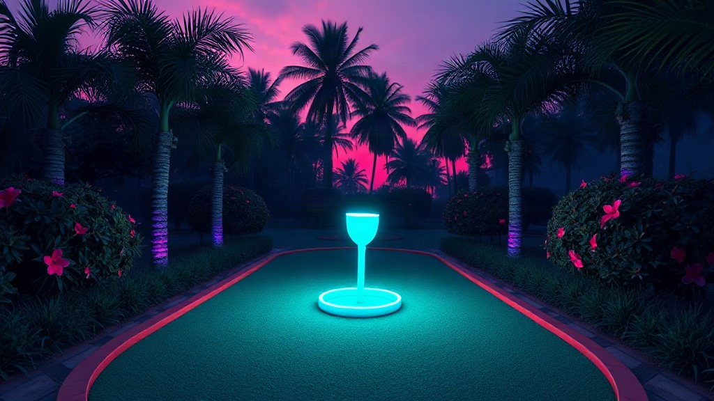 Stylized mini golf fairway at twilight with glowing cup