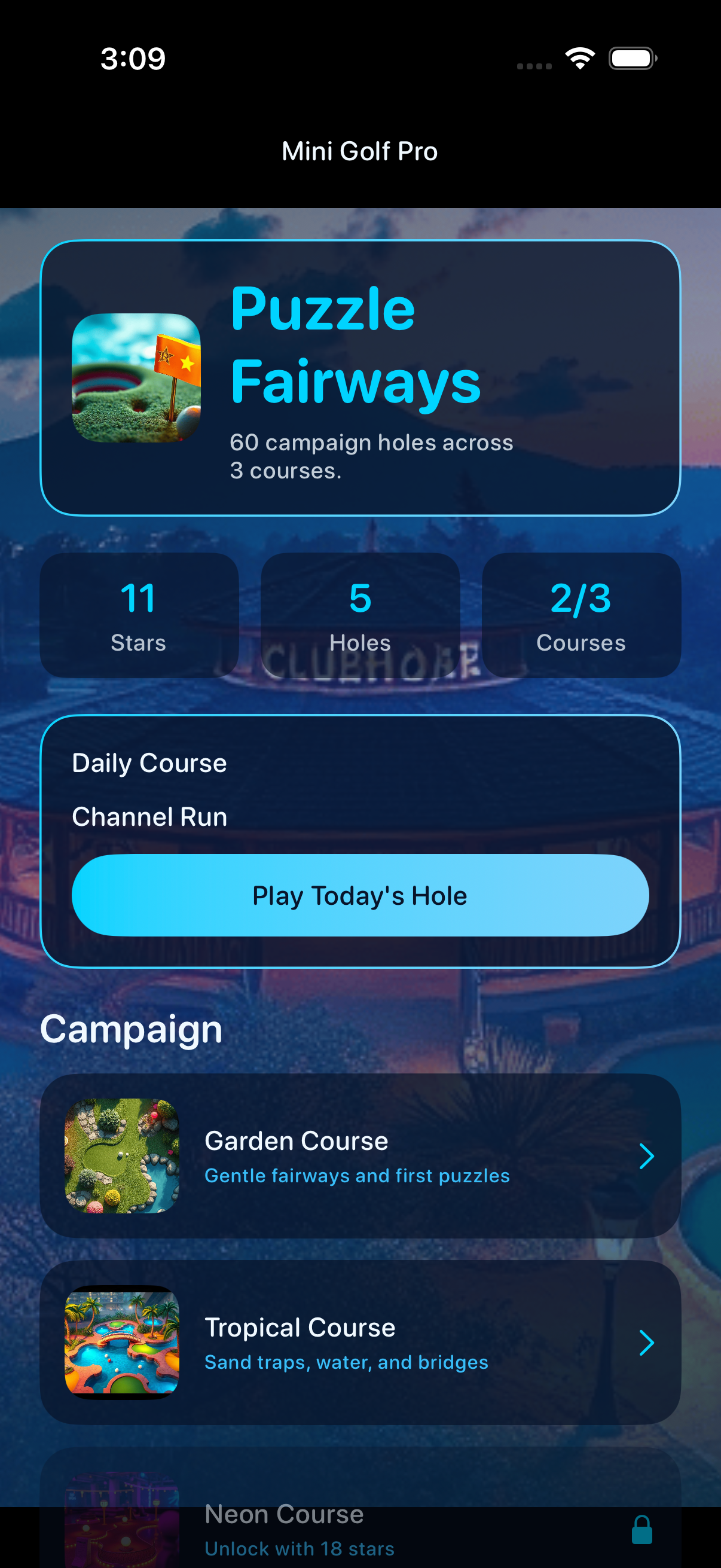 Hub home with campaign courses and daily hole