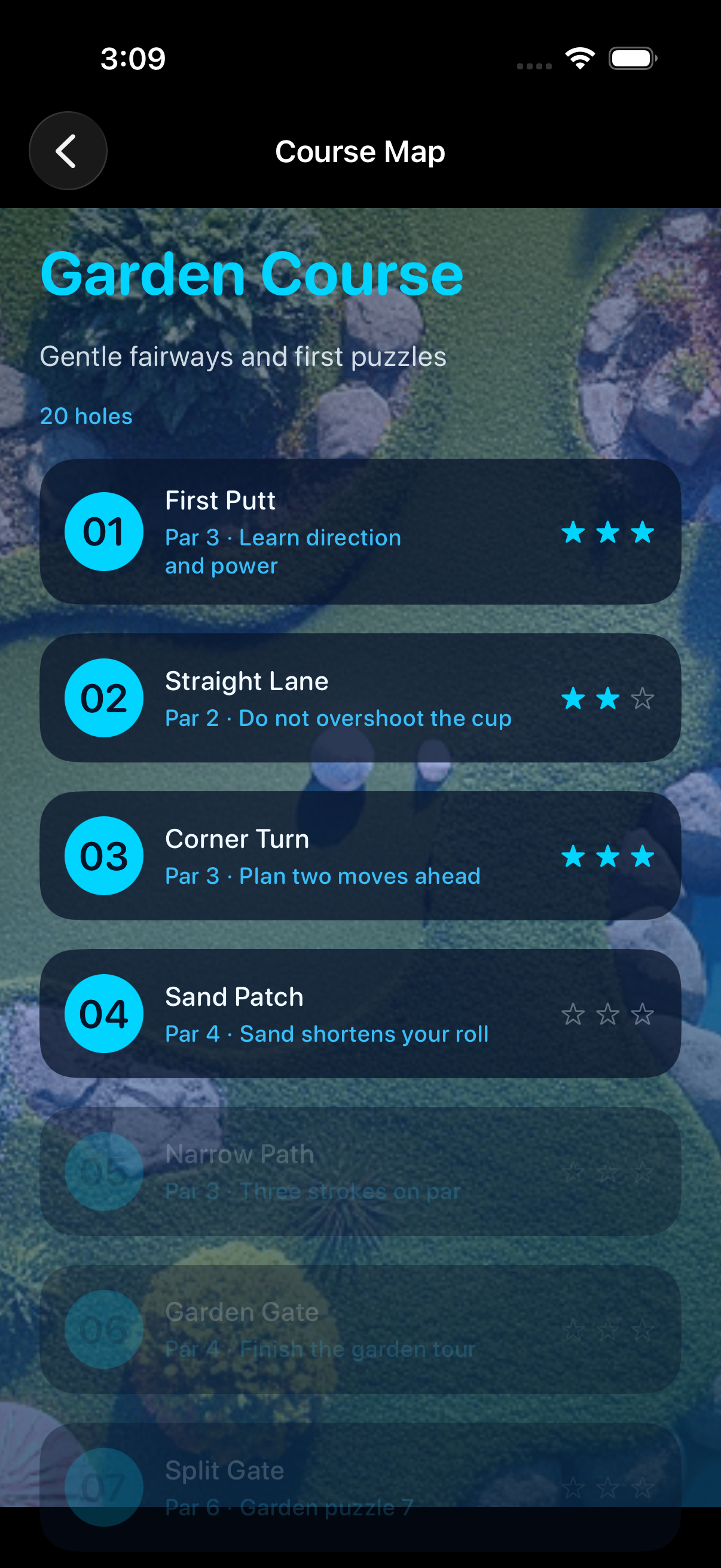 Garden course map with level nodes